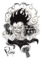 Rule 34 | 1boy, barefoot, black hair, clenched hand, fighting stance, full body, gear fourth, grin, highres, looking at viewer, male focus, monkey d. luffy, monochrome, muscular, nishiponi, oda eiichirou (style), official style, one piece, pectorals, scar, scar on chest, scar on face, short hair, simple background, smile, solo