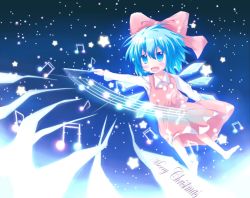 Rule 34 | 1girl, alternate color, barefoot, blue eyes, blush, bow, christmas, cirno, dress, hair bow, ice, ice wings, long sleeves, merry christmas, musical note, open mouth, pink bow, pink dress, short hair, solo, star (symbol), touhou, wings, yuya (minus-k)