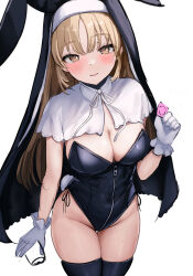 Rule 34 | 1girl, animal ears, blush, breasts, capelet, cleavage, condom, condom wrapper, fake animal ears, gloves, habit, highres, large breasts, leotard, light brown hair, long hair, mochitsuki karen, nijisanji, nun, playboy bunny, rabbit ears, rabbit tail, sister claire, solo, strapless, tail, thighhighs, virtual youtuber, zipper