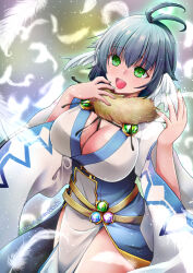 Rule 34 | 1girl, :d, antenna hair, belt, blue dress, blush, breasts, cleavage, commentary request, cowboy shot, dated, dress, feathered wings, feathers, fur collar, gem, green eyes, green gemstone, grey hair, head wings, highres, large breasts, official alternate costume, open mouth, ragnarok online, short hair, signature, smile, solo, sorcerer (ragnarok online), takaha momo, two-tone dress, white dress, white wings, wide sleeves, wings, yellow belt