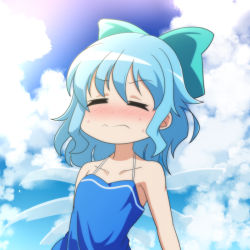 Rule 34 | 1girl, adapted costume, anime coloring, armpits, blue hair, blush, bow, cato (monocatienus), cirno, cloud, collarbone, commentary, dress, closed eyes, frown, hair bow, halterneck, ice, ice wings, lens flare, melting, short hair, sky, solo, strapless, strapless dress, summer, sundress, sunlight, sweat, touhou, water drop, wavy mouth, wince, wings