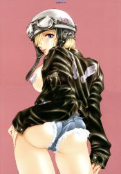 Rule 34 | 1girl, ass, blonde hair, breasts, cowboy shot, cutoffs, denim, denim shorts, from behind, goggles, hand on own hip, highres, jacket, kanesada keishi, looking back, nipples, pasties, pilot, pocket, red background, short hair, short shorts, shorts, sideboob, simple background, solo, standing, torn clothes, torn shorts, union jack