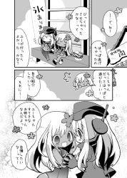 Rule 34 | 10s, 2girls, 4koma, :d, chibi, comic, cropped jacket, dual persona, flower, garrison cap, greyscale, hair flower, hair ornament, holding hands, hat, kantai collection, long hair, monochrome, multiple girls, open mouth, pout, pouty lips, ro-500 (kancolle), smile, swimsuit, tan, time paradox, translation request, u-511 (kancolle), wishbone