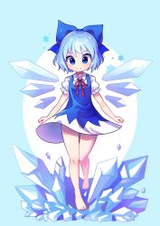 Rule 34 | 1girl, absurdres, barefoot, blue background, blue bow, blue dress, blue eyes, blue hair, bow, cirno, closed mouth, dress, full body, hair bow, highres, ice, ice wings, looking down, offbeat, pinafore dress, puffy short sleeves, puffy sleeves, red neckwear, short sleeves, sleeveless dress, smile, solo, standing, star (symbol), touhou, v-shaped eyebrows, wings