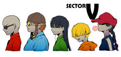 Rule 34 | 2girls, 3boys, numbuh 5, bald, black hair, blonde hair, bowl cut, braid, brown hair, blowing bubbles, cartoon network, chewing gum, closed eyes, codename: kids next door, dark skin, earrings, english text, everyone, goggles, group picture, group profile, hair over eyes, hat, hat over eyes, numbuh 2, hood, hoodie, jewelry, numbuh 3, lineup, multiple boys, multiple girls, numbuh 1, parted lips, profile, simple background, smile, sunglasses, t k g, tongue, tongue out, numbuh 4, white background