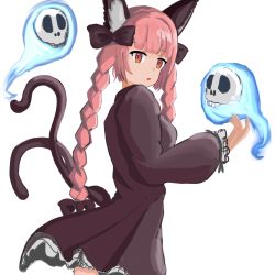 Rule 34 | 1girl, absurdres, animal ears, bow, braid, cat ears, cat tail, dress, from side, hair bow, highres, hitodama, kaenbyou rin, long hair, looking at viewer, multiple tails, nekomata, red hair, simple background, sketch book27, skull, solo, tail, touhou, twin braids, two tails, very long hair, white background