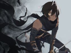 Rule 34 | 1boy, bandage over one eye, black gloves, black hair, black scarf, blood, blood on face, commentary request, constricted pupils, dark-skinned male, dark skin, elbow gloves, fighting stance, gloves, granblue fantasy, grey background, hair between eyes, highres, holding, holding knife, jamil (granblue fantasy), knife, looking at viewer, male focus, parted lips, rozu ki, scar, scar on face, scarf, short hair, solo, torn clothes, torn scarf, wide-eyed, yellow eyes