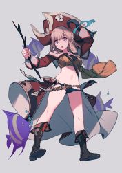 Rule 34 | 1girl, belt, boots, fish, full body, hat, highres, hook hand, lee hyeseung, light brown hair, looking at viewer, midriff, navel, open mouth, original, pirate, pirate hat, purple eyes, standing, stick