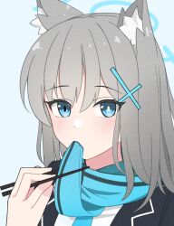 Rule 34 | 1girl, ai drawing anime characters eating ramen (meme), animal ear fluff, animal ears, atamonica, black jacket, blazer, blue archive, blue eyes, blue scarf, chopsticks, clothes in mouth, cross hair ornament, eating, film grain, grey hair, hair ornament, halo, holding, holding chopsticks, jacket, light blush, looking at viewer, medium hair, meme, mismatched pupils, portrait, scarf, shiroko (blue archive), solo, striped clothes, striped scarf, wolf ears