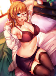 Rule 34 | 1girl, adjusting hair, alarm clock, arm behind head, arms up, bed, bed sheet, bedroom, black bra, black skirt, black thighhighs, blonde hair, blue eyes, blush, bra, breasts, cleavage, clock, curtains, female focus, from above, glasses, hair tie, highres, indoors, large breasts, legs together, light particles, long hair, long sleeves, looking at viewer, miniskirt, mokyu (kukoudesu), nail polish, navel, off shoulder, on bed, one eye closed, open clothes, open mouth, open shirt, orange hair, pencil skirt, pillow, pink nails, plant, ponytail, potted plant, red-framed eyewear, red bra, semi-rimless eyewear, shirt, sidelocks, sitting, skirt, solo, strap gap, sunlight, thigh gap, thighhighs, tying hair, under-rim eyewear, underwear, white shirt, wince, window, yawning, zettai ryouiki