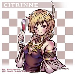 Rule 34 | 1girl, blonde hair, brown dress, citrinne (fire emblem), cup, dress, drinking glass, earrings, feather hair ornament, feathers, fire emblem, fire emblem engage, gold choker, gold trim, hair ornament, holding, holding cup, hoop earrings, jewelry, leather wrist straps, mismatched earrings, nintendo, red eyes, thaumana, wine glass, wing hair ornament
