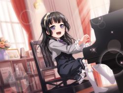 Rule 34 | 1girl, :d, aged down, artist name, bang dream!, black hair, blush, book, bow, chair, curtains, day, dress, english text, flower, hairband, half updo, indoors, instrument, kneehighs, lens flare, long hair, metronome, official art, open mouth, piano, purple eyes, shirokane rinko, sitting, smile, socks, solo, sparkle, vase, white bow, white socks, window