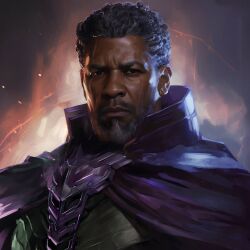 Rule 34 | 1boy, 21xfour, armor, beard, cape, commentary, dark-skinned male, dark skin, denzel washington, english commentary, facial hair, green armor, grey hair, highres, kang the conqueror, looking at viewer, male focus, marvel, marvel cinematic universe, purple cape, realistic, solo, western comics (style)