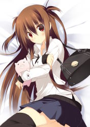 Rule 34 | 1girl, bag, black thighhighs, blush, brown hair, female focus, highres, kuwashima rein, long hair, lying, on side, original, plugsuit, red eyes, skirt, solo, thighhighs, tororo inniina, twintails, two side up, white background