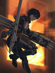 Rule 34 | 1girl, armor, black hair, blurry, blurry background, boots, breastplate, bysau, closed mouth, expressionless, fire, foot out of frame, grey eyes, gun, hair between eyes, highres, holding, holding weapon, knee up, midair, mikasa ackerman, outstretched arm, red scarf, scar, scar on face, scarf, shingeki no kyojin, short hair, solo, thigh strap, three-dimensional maneuver gear, weapon, window, wire