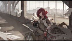 Rule 34 | 1girl, animal, arknights, bird, black gloves, black pantyhose, blush, bridge, can, exusiai (arknights), female focus, fingerless gloves, gloves, highres, hood, hooded vest, hoodie, letterboxed, looking at viewer, md5 mismatch, motor vehicle, motorcycle, outdoors, pantyhose, red eyes, red hair, resolution mismatch, skirt, smile, solo, source smaller, toriumi harumi, vest