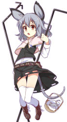 Rule 34 | 1girl, animal ears, basket, blush, boots, brown eyes, capelet, dowsing rod, full body, grey hair, highres, holding, holding with tail, jewelry, miniskirt, mouse (animal), mouse ears, mouse tail, nazrin, panties, pantyshot, pendant, prehensile tail, red eyes, shamo (koumakantv), short hair, simple background, skirt, solo, standing, tail, thighhighs, touhou, underwear, white background, white thighhighs