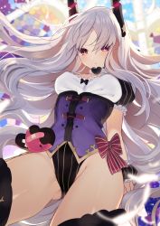 Rule 34 | 1girl, black leotard, black thighhighs, bow, caren hortensia, caren hortensia (amor caren), caren hortensia (amor caren) (third ascension), choker, fate/grand order, fate (series), floating hair, frills, gluteal fold, groin, headgear, heart, kirie nozomi, leotard, long hair, looking at viewer, parted lips, red bow, red eyes, short sleeves, solo, striped clothes, striped leotard, thighhighs, thighs, underbust, very long hair, white choker, white hair, wrist cuffs