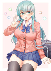 Rule 34 | 1girl, bag, black thighhighs, blue skirt, blush, border, breasts, buttons, cardigan, collared shirt, green eyes, green hair, hair between eyes, hair ornament, hairclip, jewelry, kantai collection, large breasts, long hair, long sleeves, official alternate costume, open mouth, pink cardigan, pleated skirt, revision, ring, rui shi (rayze ray), school bag, shirt, skirt, smile, solo, star (symbol), suzuya (kancolle), thighhighs, v, wedding ring, white border, white shirt