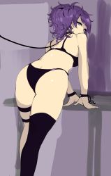 Rule 34 | 1girl, agetama, ass, back, bdsm, bent over, bra, breasts, butt crack, collar, earrings, eyeliner, highres, idolmaster, idolmaster shiny colors, jewelry, leash, looking at viewer, makeup, nail polish, panties, purple bra, purple eyes, purple hair, purple nails, purple panties, single thighhigh, slave, solo, tanaka mamimi, thigh strap, thighhighs, twintails, underwear, wrist cuffs