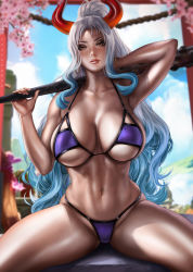 Rule 34 | 1girl, aqua hair, arm behind head, bikini, breasts, club (weapon), collarbone, dandon fuga, grey hair, highres, holding club, horns, large breasts, long hair, looking at viewer, multicolored hair, navel, one piece, orange eyes, outdoors, paid reward available, parted lips, ponytail, purple bikini, sitting, solo, spread legs, stomach, sunlight, swimsuit, thighs, two-tone hair, very long hair, wavy hair, weapon, yamato (one piece)