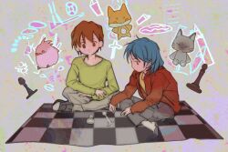 Rule 34 | 1boy, 1girl, blue hair, brown hair, chess piece, chinese commentary, closed mouth, commentary request, crossed legs, enomoto noa, film grain, green shirt, grey pants, highres, isoi haruki, jacket, josephen, long sleeves, no sclera, open clothes, open jacket, pants, red jacket, saibou shinkyoku, shirt, short hair, sitting, yellow shirt