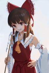 Rule 34 | 1girl, ascot, backlighting, bow, brown eyes, collarbone, detached sleeves, frilled bow, frilled shirt collar, frills, gohei, grin, hair bow, hair tubes, hakurei reimu, hand on own hip, highres, looking at viewer, nontraditional miko, red bow, red shirt, red skirt, ribbon-trimmed sleeves, ribbon trim, shirt, sidelocks, skirt, skirt set, smile, solo, touhou, treeware, upper body, wide sleeves, yellow ascot