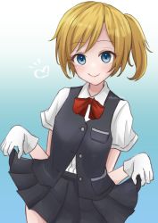 Rule 34 | 1girl, black skirt, black vest, blonde hair, blue background, blue eyes, dress shirt, gloves, gradient background, kantai collection, looking at viewer, maikaze (kancolle), one-hour drawing challenge, parted bangs, pleated skirt, ponytail, red ribbon, ribbon, ryouki (ryoki 215), school uniform, shirt, short hair, skirt, skirt hold, solo, vest, white gloves, white shirt