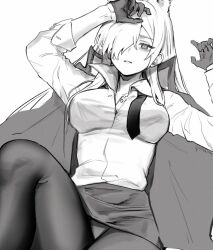 Rule 34 | 1girl, animal ears, blue archive, breasts, closed mouth, gloves, greyscale, hair over one eye, highres, jacket, jacket on shoulders, kanna (blue archive), large breasts, long hair, looking at viewer, monochrome, necktie, panties, pantyhose, pencil skirt, shirt, simple background, skirt, solo, tsuno (tnngur), underwear, undone necktie