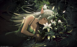 1girl alternate_costume artist_name bare_shoulders breasts cleavage closed_eyes closed_mouth commentary_request dress elf flower frieren green_dress hair_spread_out highres long_hair lying medium_breasts on_side partially_submerged pointy_ears rain ripples solo sousou_no_frieren thick_eyebrows very_long_hair water wet white_flower white_hair yuxing_yuhang