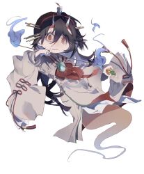 Rule 34 | 1other, androgynous, angry, black hair, blue fire, brown kimono, candle, chibi, chinese commentary, clenched teeth, commentary request, corallo, fire, hair between eyes, hair ornament, hairpin, headband, highres, holding, horns, japanese clothes, kimono, len&#039;en, long hair, long sleeves, no nose, no sclera, other focus, red eyes, red ribbon, ribbon, simple background, solo, taira no chouki, teeth, v-shaped eyebrows, white background, white headband, white horns, wide sleeves