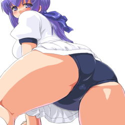 Rule 34 | 1girl, ass, bad id, bad pixiv id, blush, bow, buruma, crotch, dd (ijigendd), from behind, from below, gym uniform, hair bow, hair ornament, leaning forward, long hair, looking at viewer, looking back, nt-tan, os-tan, purple eyes, purple hair, shirt, simple background, skindentation, solo, t-shirt, thighs, white background