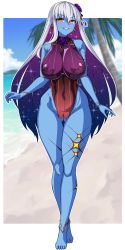 Rule 34 | 1girl, anklet, bare shoulders, barefoot, beach, blue hair, blue skin, blush, body markings, bracelet, breasts, colored skin, covered erect nipples, covered navel, curvy, earrings, fate/grand order, fate (series), flower, full body, gluteal fold, grin, hair flower, hair ornament, hair ribbon, highleg, highleg swimsuit, highres, jewelry, kama (fate), kama (swimsuit avenger) (fate), kama (swimsuit avenger) (third ascension) (fate), large breasts, long hair, looking at viewer, lotus, multicolored hair, muta poo, one-piece swimsuit, purple one-piece swimsuit, ribbed swimsuit, ribbon, smile, solo, star (symbol), star earrings, swimsuit, two-tone hair, very long hair, white hair, wide hips, yellow eyes
