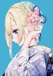 Rule 34 | 1girl, absurdres, aizawa ema, blonde hair, blue background, blue eyes, blue hair, blue kimono, blue nails, bow, braid, cat earrings, flower, french braid, from side, gradient hair, gradient kimono, hair bow, hair bun, highres, japanese clothes, kimono, long hair, long sleeves, looking down, miko suuuuu, multicolored hair, neck, pink bow, pink flower, profile, simple background, solo, upper body, virtual youtuber, vspo!, white kimono, wide sleeves