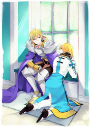 Rule 34 | 2boys, ahoge, arch bishop (ragnarok online), armor, armored boots, belt, black belt, black footwear, blonde hair, blue cape, blue coat, blue eyes, boots, breastplate, cape, closed mouth, coat, commentary request, cross, day, eizennn, full body, gauntlets, green eyes, hair between eyes, indoors, kneeling, leg armor, looking at another, looking to the side, male focus, multicolored coat, multiple boys, paladin (ragnarok online), pants, pauldrons, ragnarok online, shoes, short hair, shoulder armor, sitting, smile, stained glass, two-tone coat, white coat, white pants, window