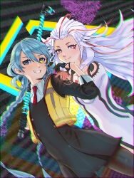 Rule 34 | 1girl, 1other, ai the somnium files, ai the somnium files: nirvana initiative, aiba (ai the somnium files), black gloves, blue hair, braid, bright pupils, buttons, closed mouth, collared shirt, commentary request, cowboy shot, gloves, grey eyes, heterochromia, highres, holding, holding weapon, kanitamago, long hair, long sleeves, looking at viewer, multicolored hair, necktie, okiura mizuki, pantyhose, partial commentary, red eyes, red hair, red necktie, shirt, sleeves past elbows, smile, streaked hair, teeth, twin braids, twintails, very long hair, vest, weapon, white hair, white pupils, yellow eyes