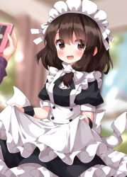 Rule 34 | 1girl, blush, brown eyes, buttons, clothes lift, frills, highres, looking at viewer, maid, maid headdress, maribel hearn, medium hair, one-hour drawing challenge, open mouth, ruu (tksymkw), short ponytail, side ponytail, skirt, skirt lift, touhou, usami renko