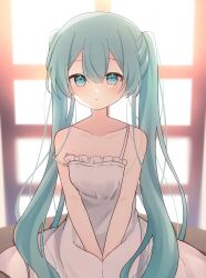 Rule 34 | 1girl, absurdres, arms between legs, backlighting, blue eyes, blue hair, blush, chemise, commentary, hatsune miku, highres, long hair, looking at viewer, parted lips, sitting, solo, strap slip, sunlight, twintails, very long hair, vocaloid, window, yomiya yumeha