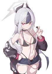 Rule 34 | 1girl, absurdres, alternate costume, bikini, black bikini, black choker, black hair, black horns, black jacket, black shorts, blue archive, blush, breasts, choker, closed mouth, collarbone, cowboy shot, demon girl, demon horns, earphones, einheadt, grey hair, grey halo, hair between eyes, halo, highres, horns, jacket, kayoko (blue archive), long hair, long sleeves, looking at viewer, medium breasts, multicolored hair, navel, off shoulder, open clothes, open jacket, red eyes, short shorts, shorts, simple background, solo, standing, stomach, swimsuit, white background