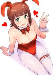 Rule 34 | 1girl, :d, amami haruka, animal ears, bare shoulders, bow, bowtie, breasts, brown hair, cleavage, corset, detached collar, fake animal ears, green eyes, hair ribbon, heart, highres, idolmaster, idolmaster (classic), large breasts, leotard, looking at viewer, open mouth, pantyhose, playboy bunny, rabbit ears, ribbon, short hair, smile, solo, tsurui, v, white background, white pantyhose, wrist cuffs