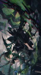 Rule 34 | 1girl, black dress, black footwear, black hair, black rock shooter, bow, breasts, chain, checkered floor, choker, cleavage, dead master, dress, full body, gauntlets, green eyes, green hair, highres, holding, holding weapon, horns, long hair, looking at viewer, maccha (mochancc), medium breasts, open mouth, scythe, short dress, skull, smile, solo, weapon, white bow