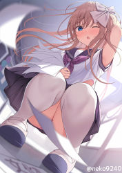 Rule 34 | 1girl, arm up, black sailor collar, blue eyes, blurry, blush, brown hair, commentary request, convenient censoring, depth of field, floating hair, hair ribbon, hallway, holding, holding paper, loafers, long hair, looking at viewer, nekokobushi, one eye closed, open mouth, original, panties, paper, pink panties, ribbon, sailor collar, school uniform, serafuku, shirt, shoes, solo, squatting, thighhighs, thighs, underwear, white footwear, white shirt, wind, wind lift