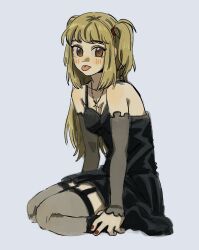 Rule 34 | 96a5b0, amane misa, bare shoulders, black dress, blonde hair, brown eyes, death note, dress, garter straps, grey background, highres, jewelry, light blush, necklace, red nails, seiza, sitting, tongue, tongue out