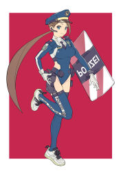 Rule 34 | 1girl, absurdres, blue eyes, breasts, brown hair, earpiece, gun, handgun, hat, highres, holster, holstered, large breasts, leotard, long hair, original, police, police hat, police uniform, policewoman, ponytail, riot shield, science fiction, shield, shoes, simple background, sneakers, solo, tarou2, thigh holster, thighhighs, uniform, weapon