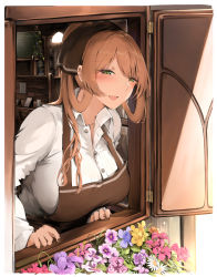 Rule 34 | 1girl, :d, alternate costume, apron, blush, breasts, brown apron, brown hair, collared shirt, dress shirt, flower, girls&#039; frontline, green eyes, hair ribbon, hair rings, high ponytail, highres, large breasts, long hair, looking at viewer, open mouth, ponytail, ribbon, shirt, sidelocks, smile, solo, springfield (girls&#039; frontline), swept bangs, syotastar, white shirt, window