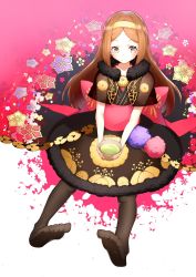 Rule 34 | 1girl, brown hair, capelet, chacha (fate), fate/grand order, fate (series), feet, flower, headband, highres, holding, japanese clothes, long hair, no shoes, pot, sitting, skirt, thighhighs
