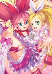 Rule 34 | 10s, 2girls, blonde hair, blue eyes, boots, bow, brooch, carrying, choker, couple, cure melody, cure rhythm, frills, green eyes, heart, highres, houjou hibiki, jewelry, knee boots, long hair, looking at viewer, magical girl, majicjiang, midriff, minamino kanade, multiple girls, pink bow, pink hair, precure, princess carry, revision, ribbon, smile, suite precure, thighhighs, treble clef, twintails, yuri