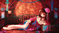 Rule 34 | 1girl, absurdres, alternate costume, arm support, bad id, bad pixiv id, bare legs, barefoot, black hair, bow, breasts, cleavage, crescent, dead line, flower, full body, hair flower, hair ornament, highres, houraisan kaguya, japanese clothes, lampion, long hair, long sleeves, looking away, lying, off shoulder, on side, railing, red eyes, ribbon, solo, touhou, wide sleeves, wind chime
