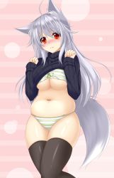 Rule 34 | 1girl, ahoge, animal ears, belly, black thighhighs, blush, bra, breasts, clothes lift, fox ears, fox tail, highres, large breasts, long hair, looking at viewer, navel, original, panties, plump, red eyes, shirt, shirt lift, silver hair, sogaya, solo, striped bra, striped clothes, striped panties, sweater, sweater lift, tail, thighhighs, turtleneck, underboob, underwear