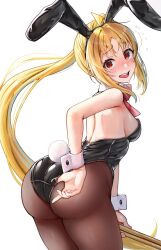 Rule 34 | 1girl, animal ears, antenna hair, ass, black leotard, black pantyhose, blonde hair, blush, bocchi the rock!, detached collar, embarrassed, fake animal ears, fake tail, highres, ijichi nijika, leaning forward, leotard, looking at viewer, looking back, open mouth, pantyhose, playboy bunny, ponytail, rabbit ears, rabbit tail, red eyes, simple background, solo, tail, teeth, upper teeth only, white background, wrist cuffs, yami anko